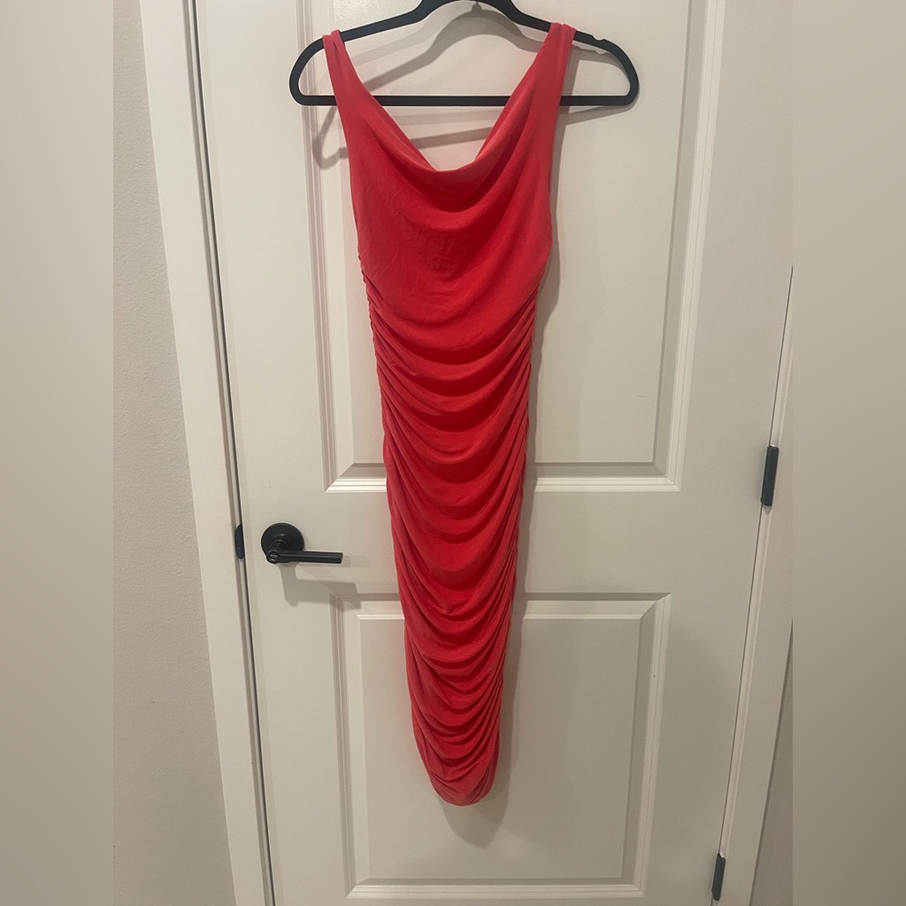Club L London  Coral Ruched Off The Shoulder Midi Dress Size 4 US, Size 8 UK